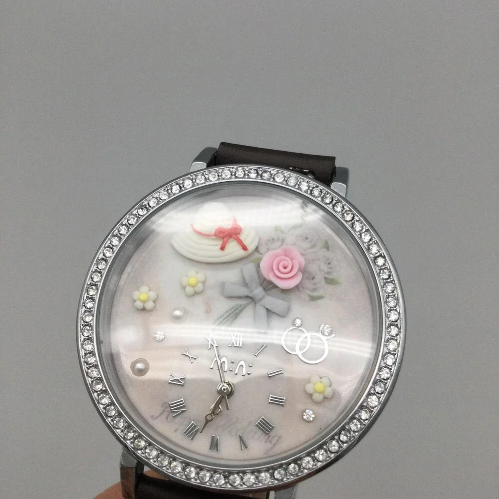 Mini Womens Watch 40mm Multicolor 3D Dial Floral Crystals Leather New Battery